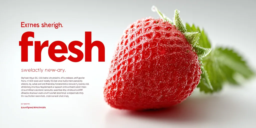 A vibrant red strawberry, glistening with water droplets, dominates the image.  The word "fresh" is prominently displayed in bold red lettering, emphasizing the fruit's freshness.  Accompanying text, seemingly nonsensical, adds a quirky, artistic element.  The overall composition is clean and modern, highlighting the visual appeal of the strawberry.