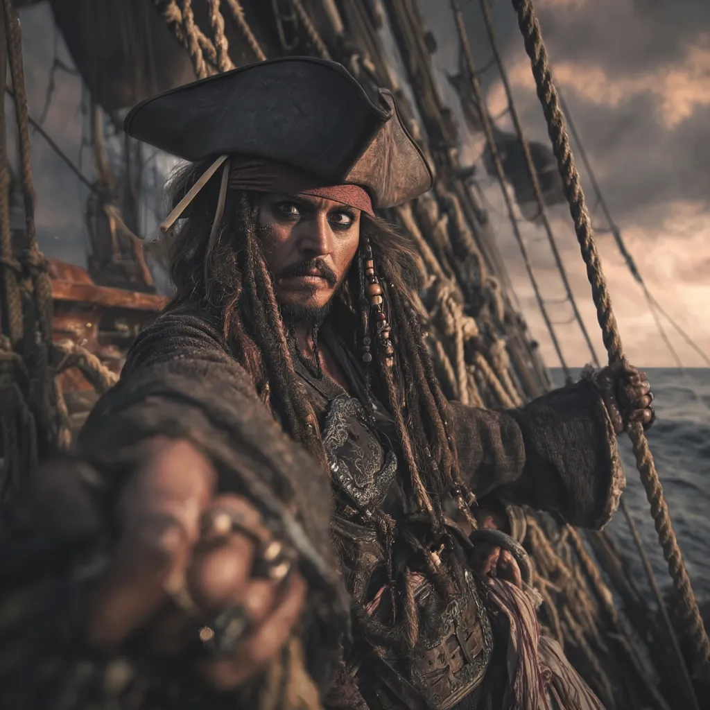 A close-up shot of Captain Jack Sparrow, depicted as a weathered pirate with long dreadlocks and a tricorn hat. He's aboard a ship, his hand reaching towards the viewer, his expression intense. The setting sun casts a dramatic light on the scene, emphasizing the rough texture of his clothing and the ship's rigging.  The overall mood is adventurous and slightly menacing.