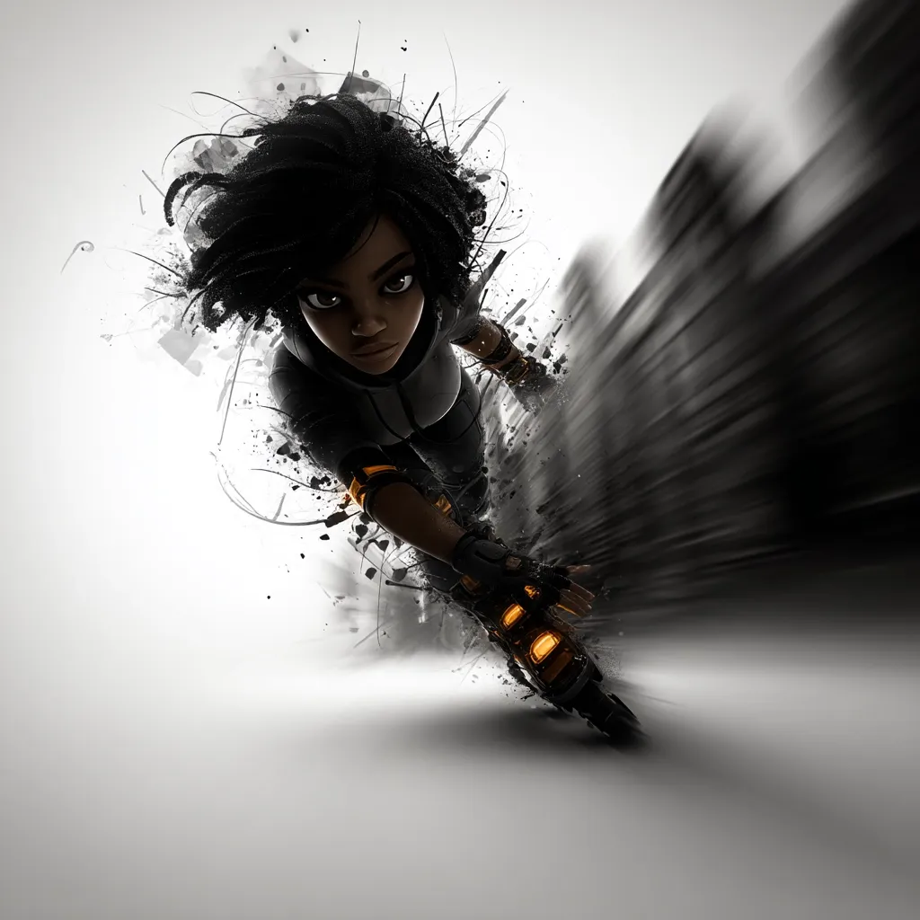 A stylized illustration depicts a dark-skinned female character, possibly a video game protagonist, rollerblading at high speed.  Her dark hair flows behind her, and she's clad in a dark grey futuristic suit with orange accents on her rollerblades and gloves.  The background is a blurred motion effect, suggesting rapid movement, with black ink splashes adding a dynamic feel. The overall aesthetic is dark, edgy, and action-oriented.