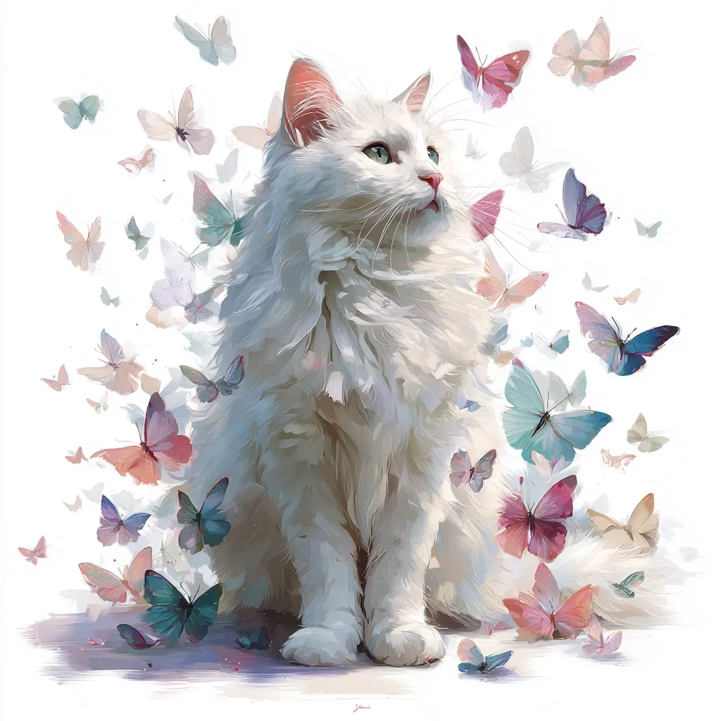 A fluffy white cat sits serenely amidst a flurry of pastel-colored butterflies.  The cat's gaze is directed upward, seemingly captivated by the delicate insects.  The artwork is painted in a soft, impressionistic style, emphasizing the light and airy quality of both the cat's fur and the butterflies' wings.  The overall effect is one of gentle beauty and whimsical charm.