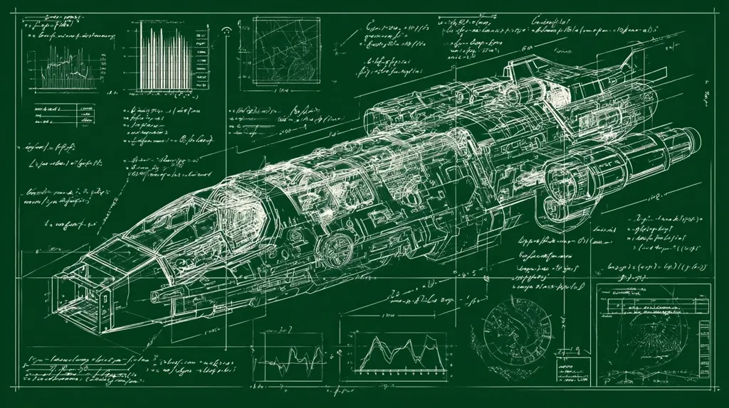 A detailed technical drawing, rendered in white on a dark green background, showcases a futuristic spacecraft design.  The blueprint includes intricate schematics of the vessel, accompanied by graphs, charts, and handwritten notes, suggesting engineering calculations and specifications.  The style evokes a vintage or retro-futuristic aesthetic, reminiscent of classic science fiction artwork.