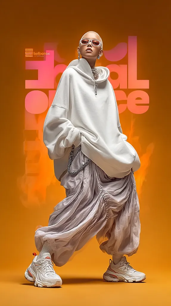 A fashion model, bald and wearing sunglasses, poses in a white oversized hoodie and a flowing, pleated lavender skirt.  She's styled with chunky white sneakers and a silver chain. The background features a warm orange hue with translucent pink lettering suggesting a brand or campaign title, “Total Peace”, partially visible.  The Balbonoc logo is discreetly placed in the upper left corner.