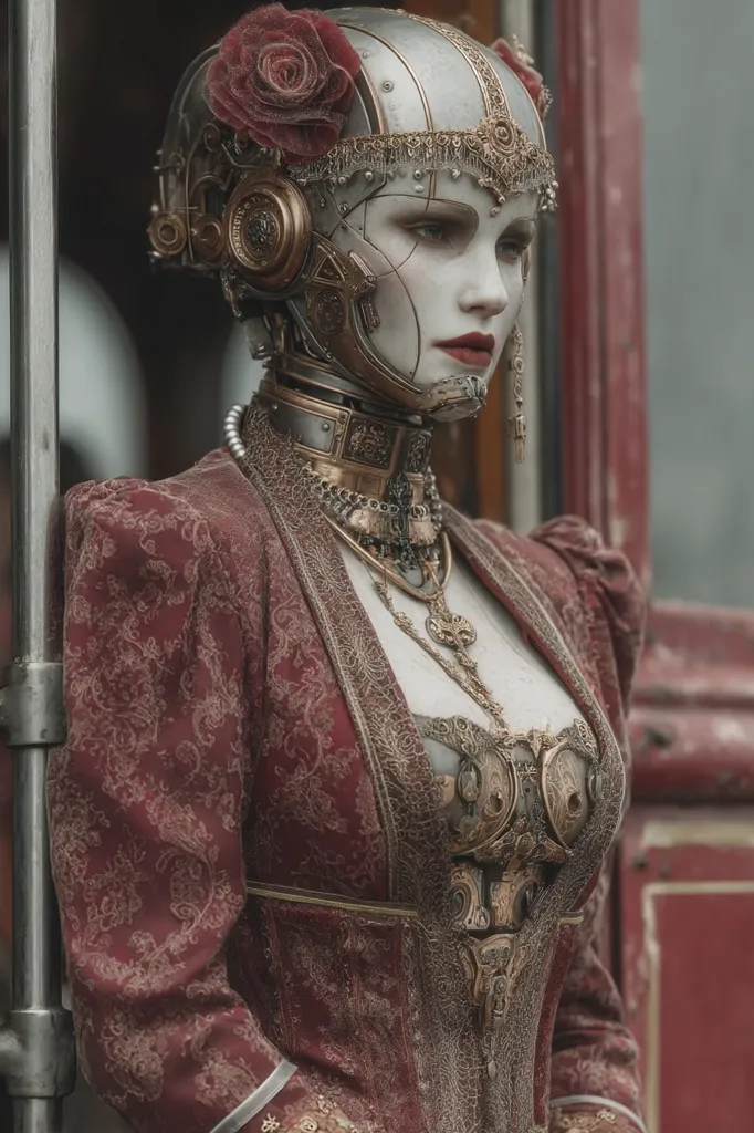 A woman, seemingly a cyborg, stands elegantly. She wears a  burgundy, ornate dress adorned with gold detailing and intricate lace.  Her head is encased in a silver and gold steampunk-inspired helmet, embellished with a crimson rose.  Layered gold necklaces and a metallic bodice complete her striking, futuristic yet antique appearance. The backdrop suggests an old train carriage.