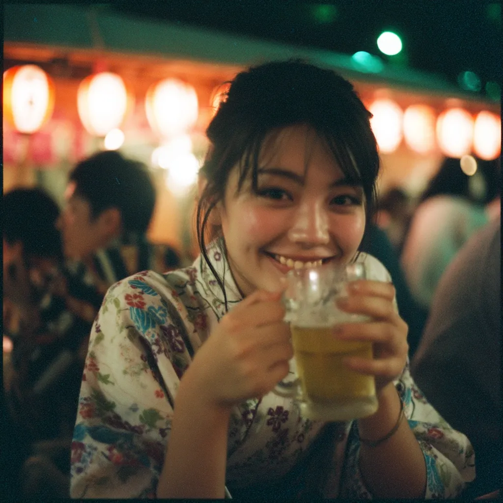 A young woman, smiling brightly, holds a glass of beer.  She's dressed in a floral yukata, suggesting a Japanese setting.  The background is blurred but shows warm, orange-toned lanterns, indicative of a festive night scene.  The overall atmosphere is relaxed and cheerful.