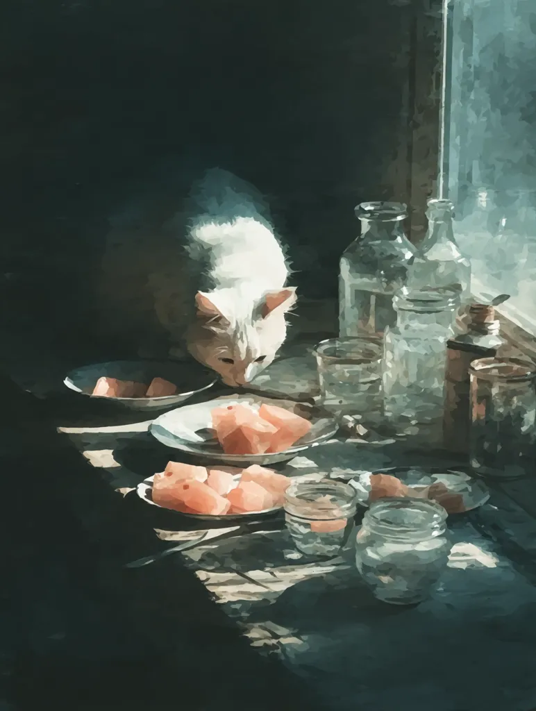 A white cat is hunched over, seemingly inspecting or about to eat, pieces of watermelon arranged on plates on a dark wooden table near a sunlit window.  Several glass jars and bottles sit beside the plates, adding to the still-life composition. The scene is painted in a soft, impressionistic style, with muted colors and a focus on light and shadow.