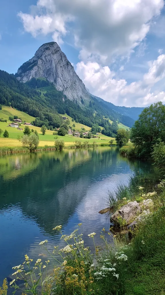 A serene mountain lake reflects a towering, light gray peak under a partly cloudy sky.  Green hills dotted with farmhouses slope down to the tranquil water's edge.  Wildflowers bloom along the shore, adding a touch of vibrant color to the peaceful, idyllic scene. The air seems crisp and clean, enhancing the overall beauty of this picturesque alpine landscape.