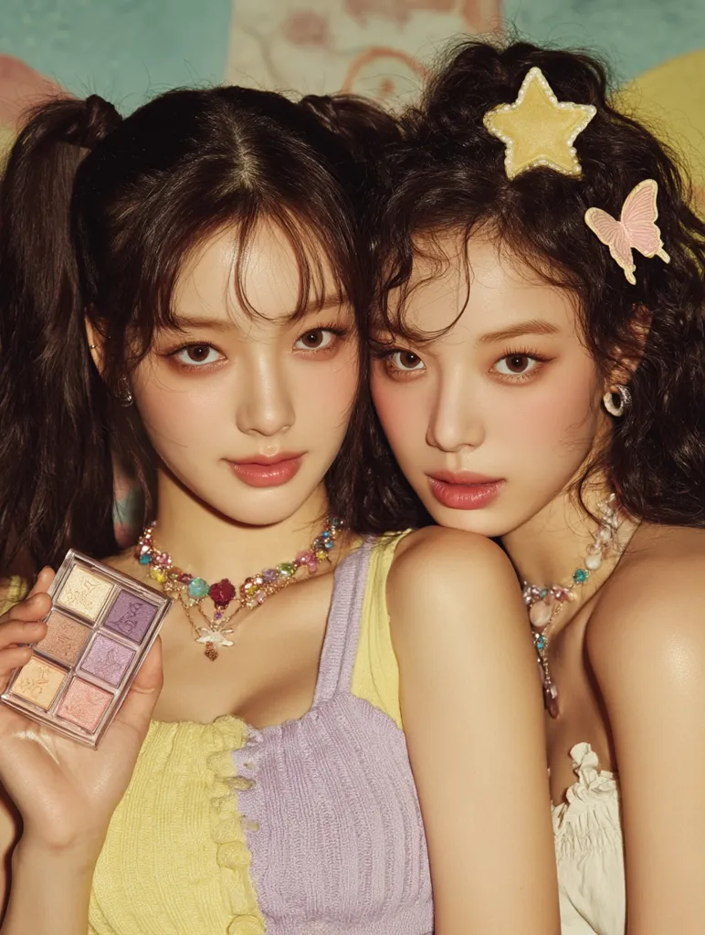 Two young women with dark hair styled in different ways pose closely together.  One has her hair in pigtails, adorned with a pastel eyeshadow palette. The other's hair features a star and butterfly hair clip. Both wear pastel-colored tops and colorful necklaces, creating a soft, dreamy aesthetic.  The overall image is bright and cheerful, highlighting their youthful beauty.