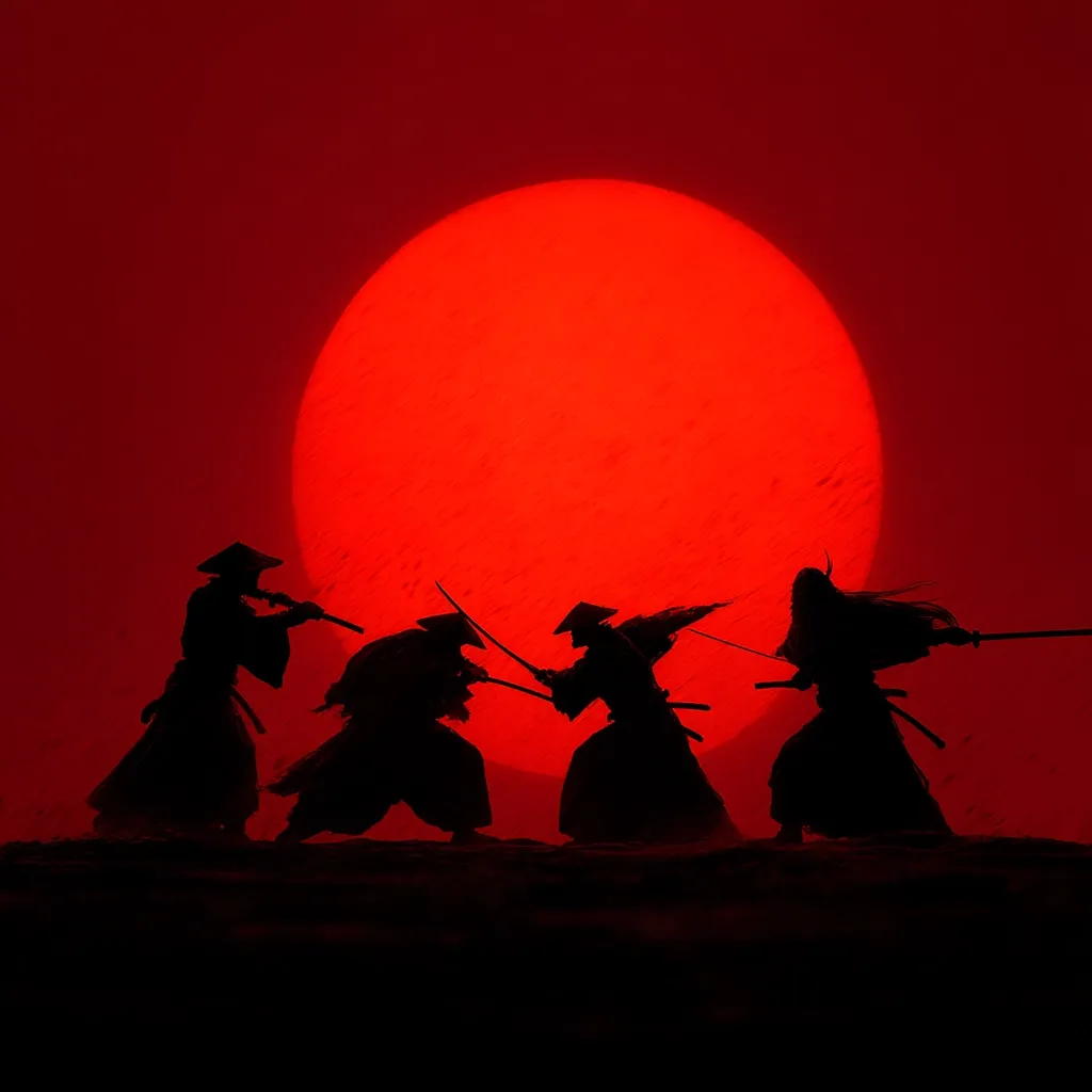 Silhouetted against a large, blood-red sun, four samurai engage in a fierce battle.  Their dark figures are starkly contrasted by the fiery backdrop, swords clashing in a dramatic scene.  The setting evokes a sense of ancient conflict and intense drama, highlighting the warriors' determination in a visually striking image.