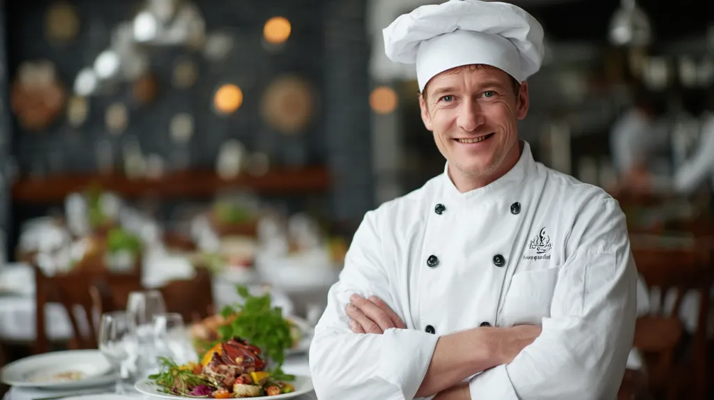 A male chef, wearing a pristine white chef's uniform and toque, stands confidently with arms crossed.  He smiles warmly, showcasing his pride in his profession.  The background is blurred, showing a well-set dining room with tables and partially visible food, suggesting a restaurant setting. The overall impression is one of professionalism and culinary expertise.