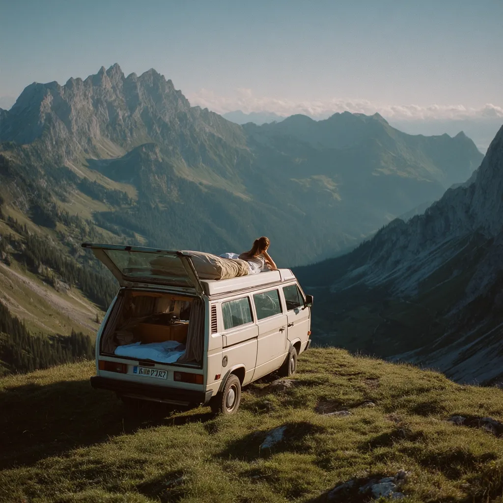 A woman relaxes on the roof of a vintage camper van parked on a grassy mountaintop.  The van is facing away from the viewer, overlooking a breathtaking vista of rolling green hills and majestic, snow-capped mountains in the distance under a clear sky. The scene evokes a sense of freedom and adventure.