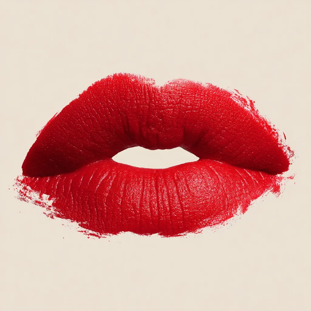 A close-up shot showcases a pair of lips painted with vibrant red lipstick. The lipstick application appears slightly smudged, creating a textured effect.  The lips are parted slightly, revealing a hint of the natural lip line. The overall aesthetic is bold and dramatic, set against a soft, neutral background.