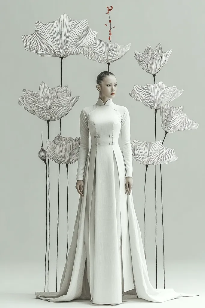 A fashion model poses in a flowing, off-white gown with a high collar and subtle detailing.  The dress is floor-length with a front slit.  The backdrop features stylized, minimalist line drawings of lotus flowers, creating a serene and elegant atmosphere. The overall aesthetic is clean, modern, and subtly minimalist.