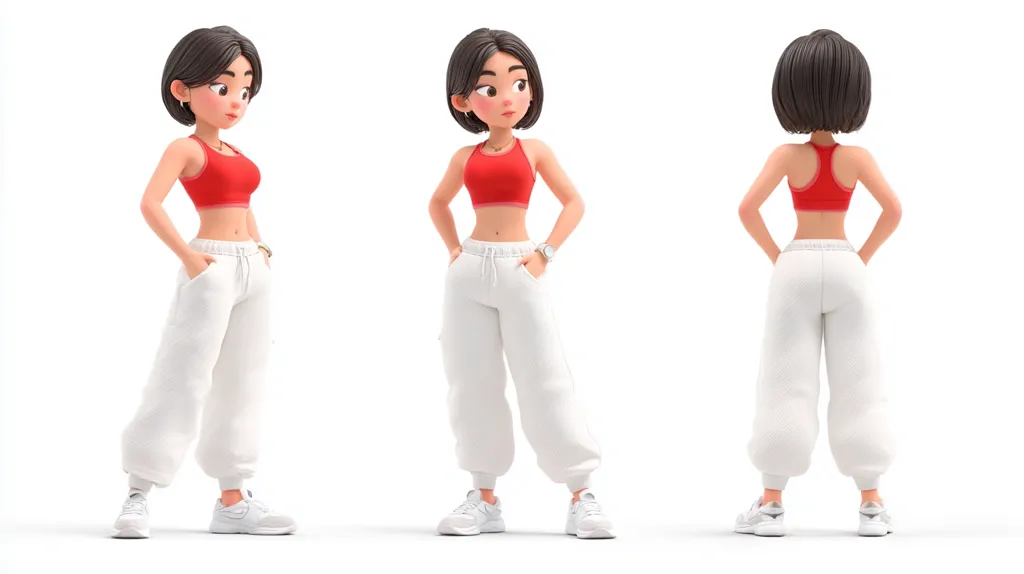 A 3D rendered cartoon of a young woman with short dark hair is shown from three different angles. She's wearing a red sports bra and white sweatpants, her hands in her pockets.  The figure is stylish and has a relaxed posture. The background is plain white, focusing attention on the character.