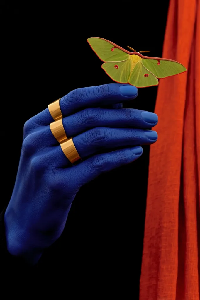A vibrant image showcasing a hand painted blue, adorned with gold double rings, gently cradling a Luna moth. The moth's delicate green wings contrast beautifully against the hand's bold color.  An orange fabric drapes in the background, adding to the image's striking color palette and artistic composition. The dark background emphasizes the contrast of the bright colors.