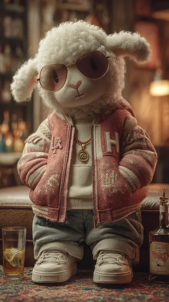 A plush sheep, sporting aviator sunglasses, a pink varsity jacket with an embroidered "H," and light blue jeans, sits on a brown surface.  It wears white sneakers and a gold chain necklace with a circular pendant. A glass of amber liquid and a bottle of liquor are visible in the foreground. The setting suggests a dimly lit, perhaps bar-like atmosphere.