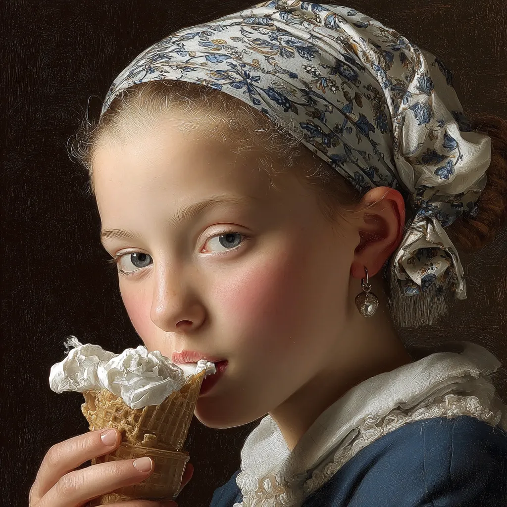 A young girl, her blonde hair partially concealed by a floral headscarf, gazes intently at an ice cream cone she delicately holds.  Her rosy cheeks and soft expression lend a tender quality to the portrait, painted in a style reminiscent of classical masters.  She wears a dark blue dress with a ruffled collar and a small, heart-shaped earring. The painting’s focus is on the girl's face and her interaction with the sweet treat.