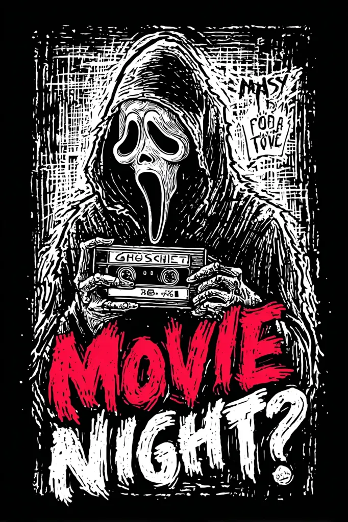 A black and white woodcut-style illustration features Ghostface from the Scream movie franchise.  He holds a VHS tape labeled "Ghoschet" while the text "MOVIE NIGHT?" is prominently displayed in red and white. The background is textured, adding to the vintage horror aesthetic.  A small, illegible inscription is present in the upper right corner. The overall design evokes a classic horror movie poster feel.