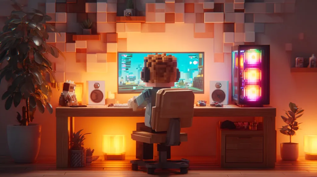 A pixelated gamer sits in a wooden chair facing a computer screen displaying a vibrant game.  The room is warmly lit, featuring a pixel art wall, a custom PC with RGB lighting, and potted plants.  The desk holds speakers, accessories, and ambient lighting, creating a cozy and immersive gaming atmosphere. The overall style is a charming blend of digital and physical aesthetics.