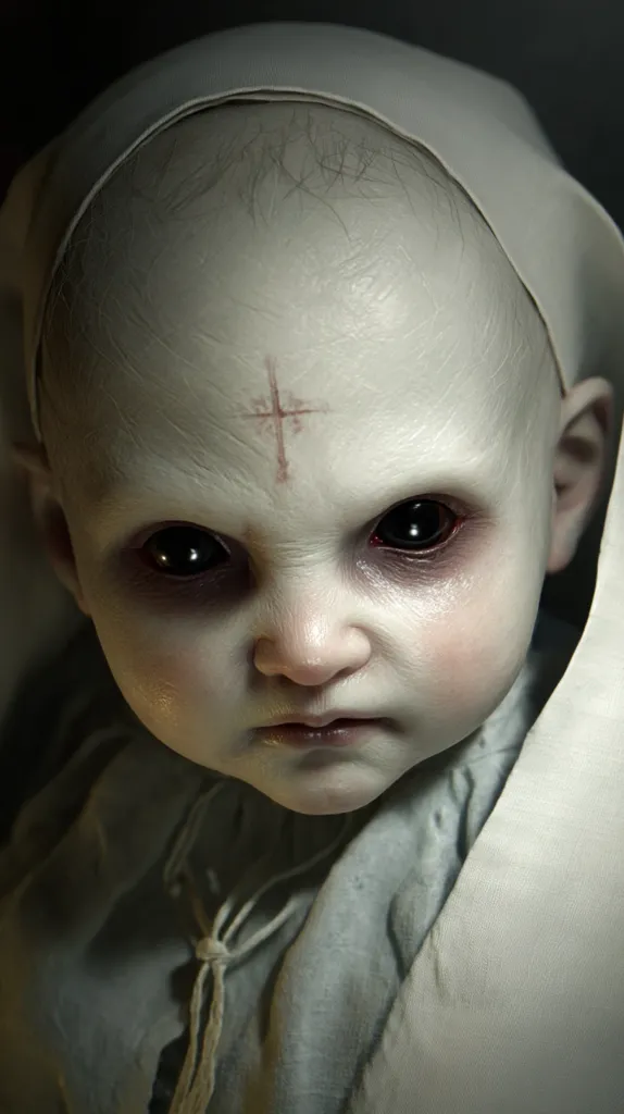A disturbing image of a pale baby with unsettlingly large, dark eyes.  The baby's face is marked with a cross, and it wears a simple, light-colored robe. The overall effect is one of unease and horror, creating a visually unsettling portrait.  The lighting and texture contribute to the eerie atmosphere.