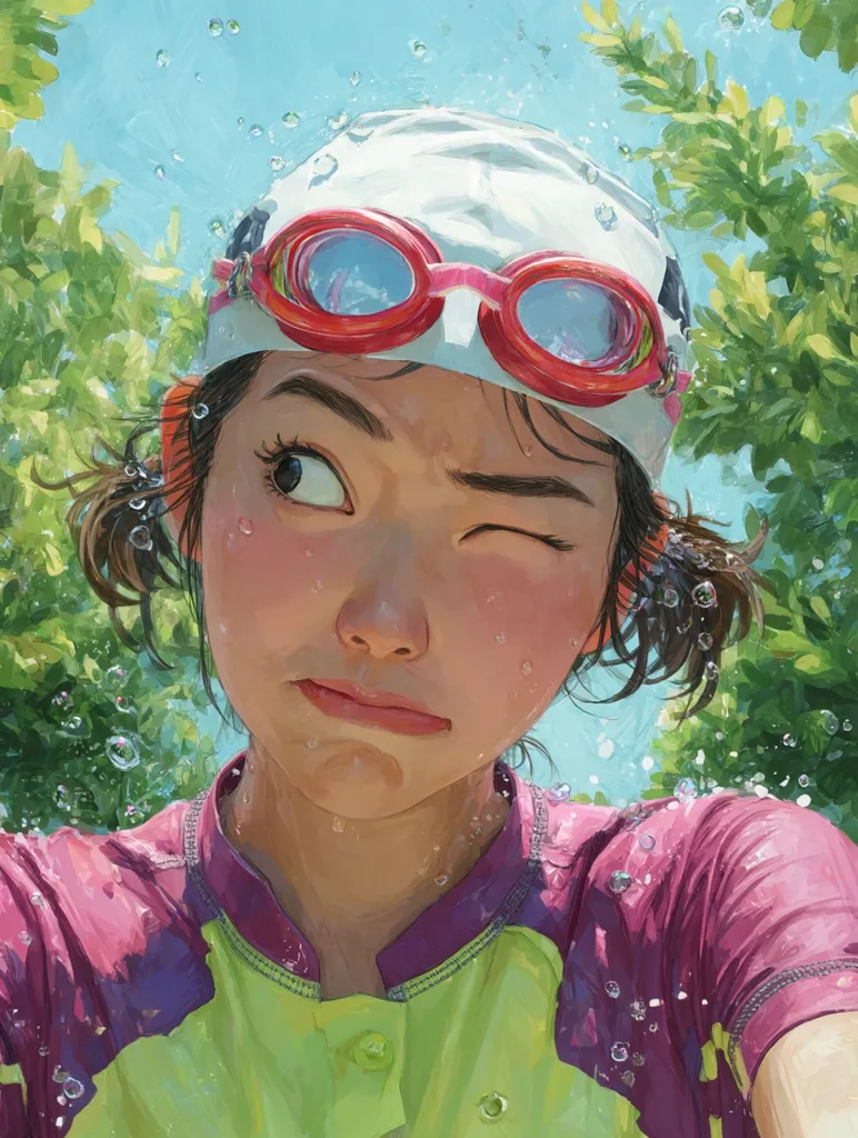 A close-up illustration of a young woman, possibly a swimmer, with water droplets on her face and swim cap.  She's wearing pink and lime green swimwear and red swimming goggles, and she winks playfully at the viewer. The background features bright sunlight and lush green foliage, suggesting an outdoor setting near water. The style is painterly and vibrant.