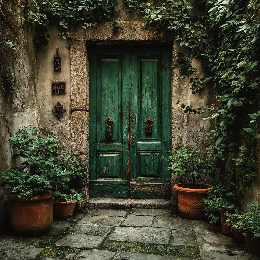 A weathered, dark green double door is nestled within a stone alcove, heavily overgrown with lush green vines.  Terracotta pots overflowing with plants flank the doorway, adding to the charming, aged ambiance.  Ornate metalwork is visible on the door, and small decorative pieces adorn the stonework above. The scene evokes a sense of quiet mystery and old-world charm.