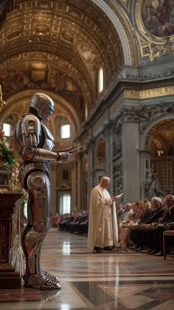 A chrome RoboCop stands in a grand, ornate church, seemingly attending a religious service.  A priest in a white robe conducts the ceremony in the background, surrounded by a congregation seated in pews.  The juxtaposition of the futuristic cyborg and the ancient religious architecture creates a striking visual contrast. The church's marble floor reflects the scene, enhancing its grandeur.
