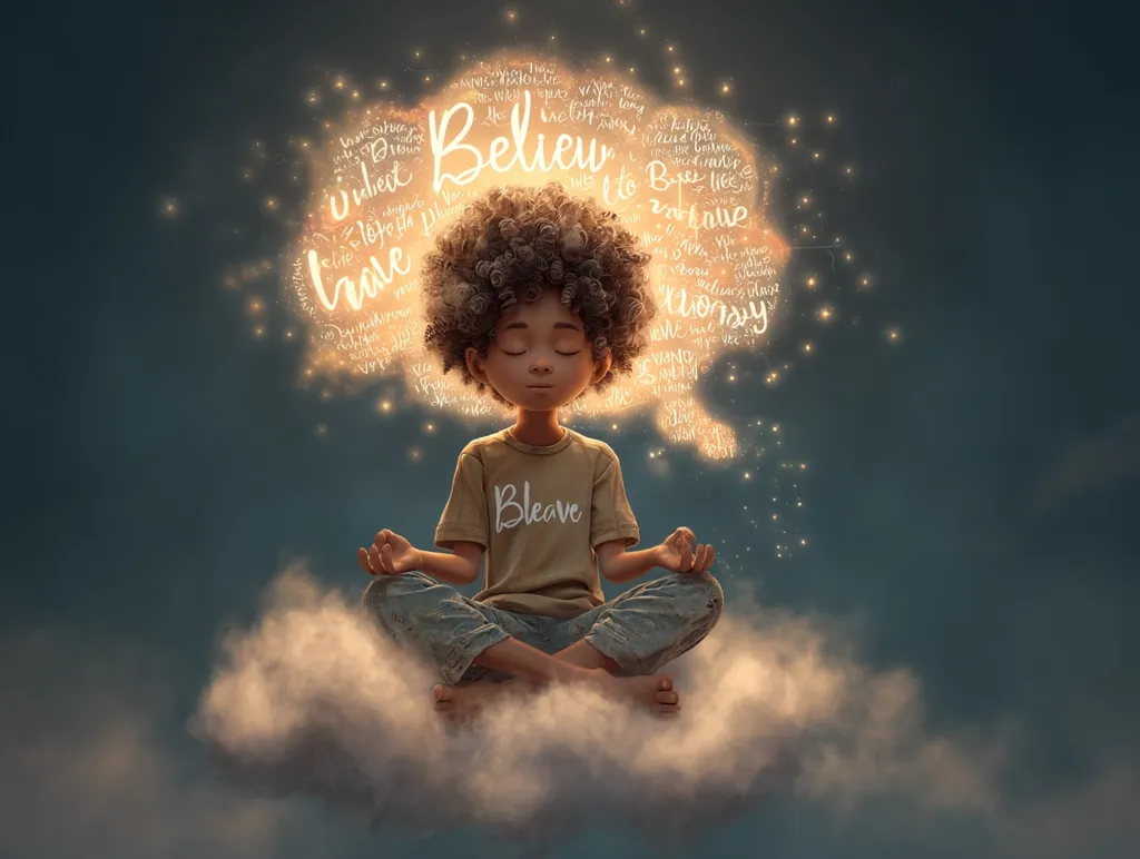 A young, dark-skinned child with an afro meditates peacefully on a fluffy cloud.  Surrounding their head, glowing words like "Believe," "Hope," and "Love" radiate outwards, signifying inner peace and positive affirmations. The serene scene evokes a sense of calm and the power of positive thinking.