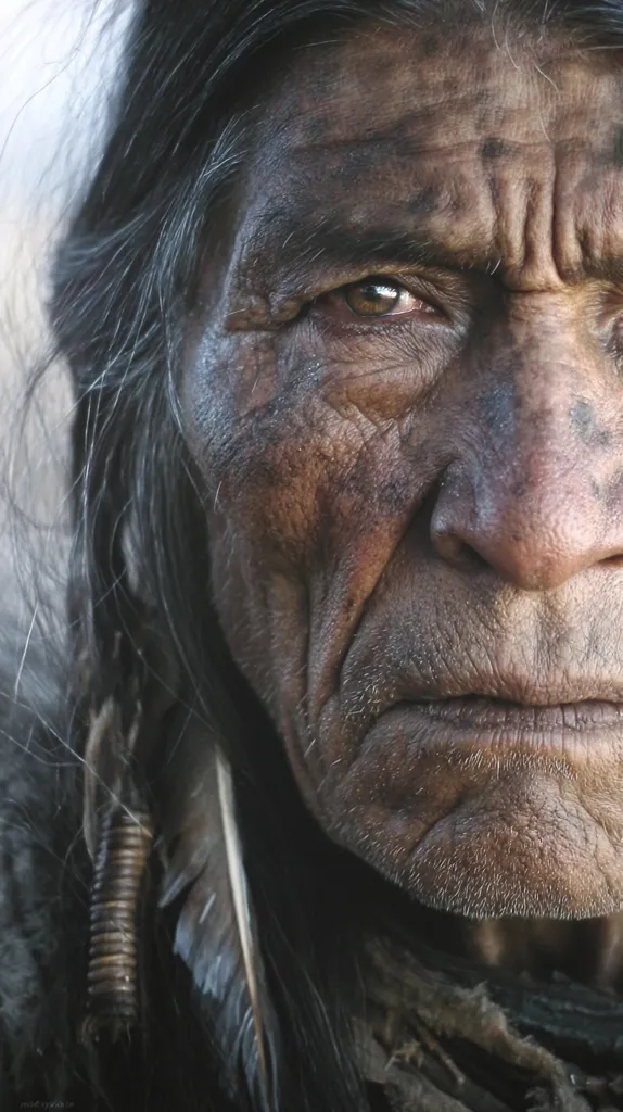 A close-up portrait captures the weathered face of an elderly Native American man.  His deep-set eyes, etched with years of experience, hold a profound gaze.  Long, dark hair flows down, partially obscuring a single feather adorning his attire.  The image emphasizes the texture of his skin, revealing a lifetime lived in the elements.  His expression is one of quiet contemplation, conveying a sense of wisdom and resilience.