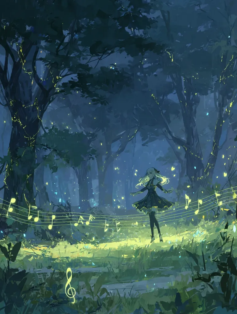 A young girl with blonde hair, dressed in a dark dress and stockings, dances in a moonlit forest.  Glowing musical notes float around her, forming a staff across the scene.  Fireflies or similar lights twinkle amongst the trees, creating a magical and ethereal atmosphere. The forest floor is lush and green, bathed in a soft, yellowish light.