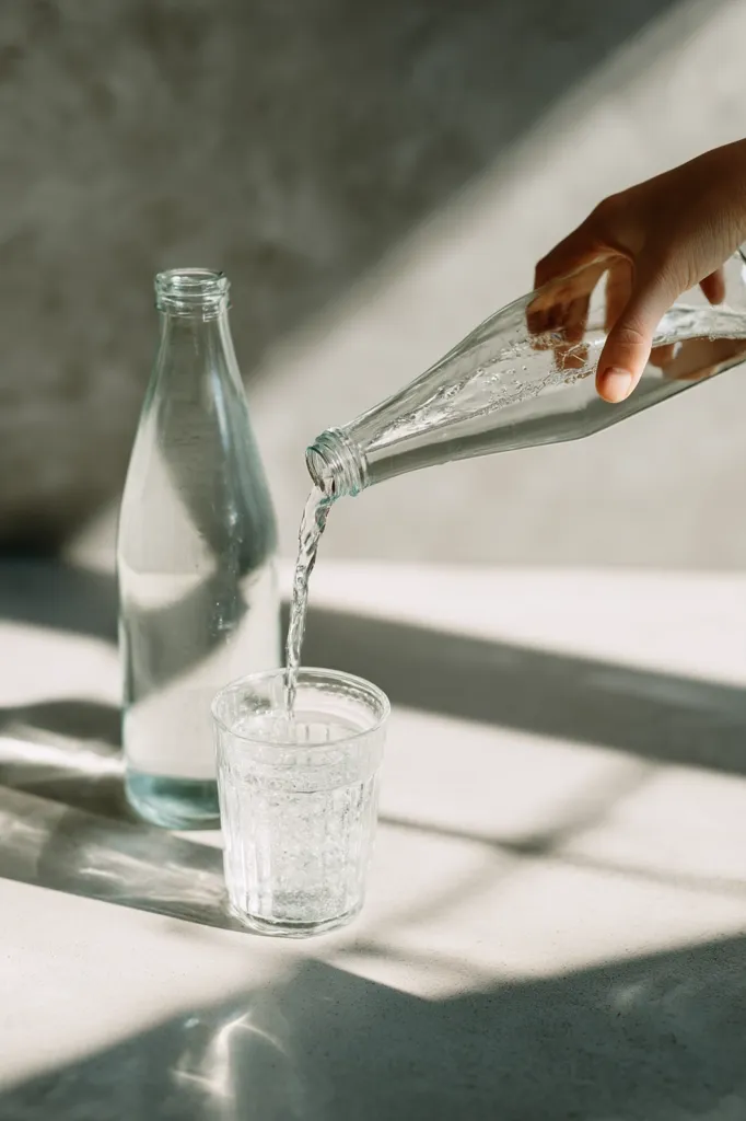 A hand pours water from a clear glass bottle into a short glass.  Another clear glass bottle sits beside the glass, partially in shadow.  The scene is minimalist, with a light gray background and dramatic light and shadow creating a serene mood. The focus is on the simple act of pouring water, emphasizing hydration and purity.