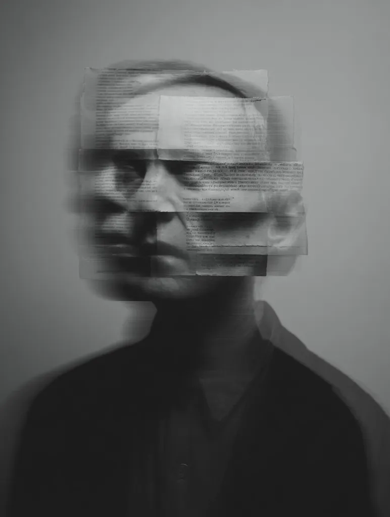 A monochromatic portrait features a person partially obscured by superimposed layers of text. The text fragments create a blurred, ethereal effect, obscuring facial features while hinting at a submerged identity. The individual is dressed in dark clothing, further emphasizing the somber and mysterious atmosphere. The overall impression is one of anonymity, introspection, and the overwhelming nature of information or memory.