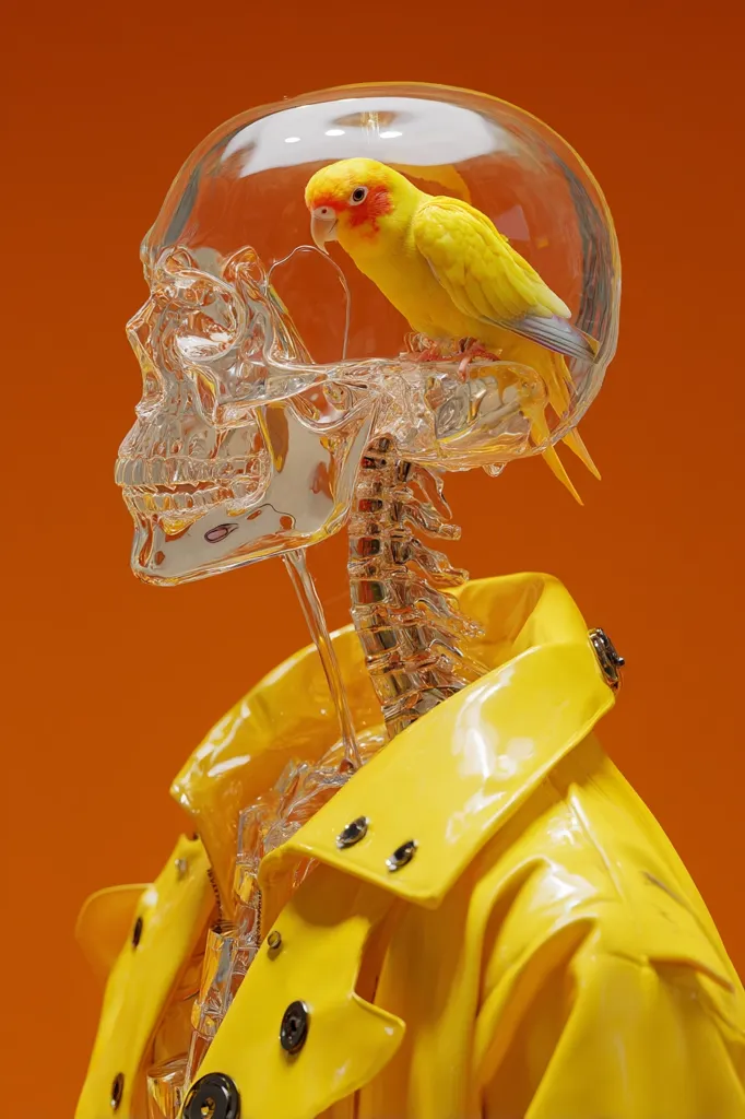 A vibrant image showcases a clear, skeletal figure wearing a bright yellow raincoat.  Atop the skull, enclosed within a transparent dome, sits a cheerful yellow and orange parakeet. The contrast between the skeletal structure, the bird, and the bold yellow coat creates a striking, surreal composition against a burnt orange backdrop.