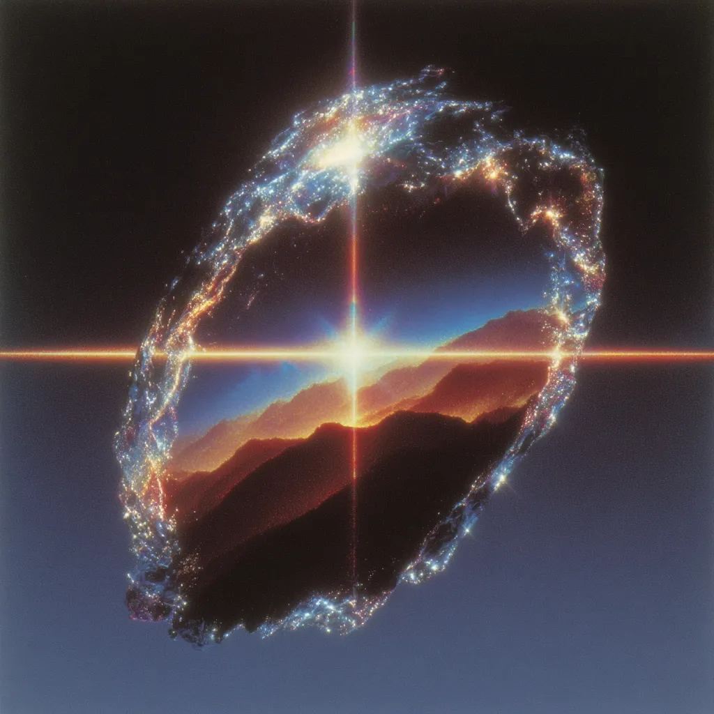 An ethereal image depicts a celestial body, possibly a planet or moon, outlined with shimmering lights.  Within this luminous frame, a breathtaking sunrise illuminates a mountainous landscape. Two bright beams of light intersect at the center, adding to the mystical and otherworldly atmosphere. The overall effect is one of radiant beauty and cosmic wonder.
