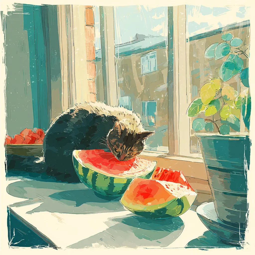 A tabby cat sits on a windowsill, enjoying a juicy watermelon slice. Sunlight streams in from a window overlooking a quaint street.  A potted plant sits nearby, adding to the serene, summery atmosphere.  More watermelon pieces sit beside the cat, and a bowl of red fruits is in the background. The painting style is loose and painterly, with a vintage feel.