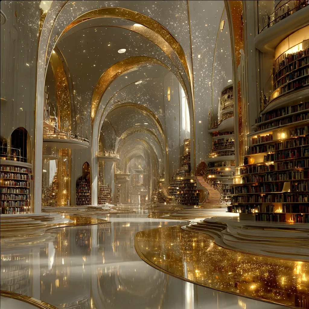 A breathtaking, opulent library is depicted, awash in gold and shimmering light.  High arched ceilings and gleaming floors reflect countless books lining the walls.  A sense of grandeur and ethereal beauty pervades the space, with golden accents creating a majestic and dreamlike atmosphere.  The vastness suggests a place of immense knowledge and quiet contemplation.
