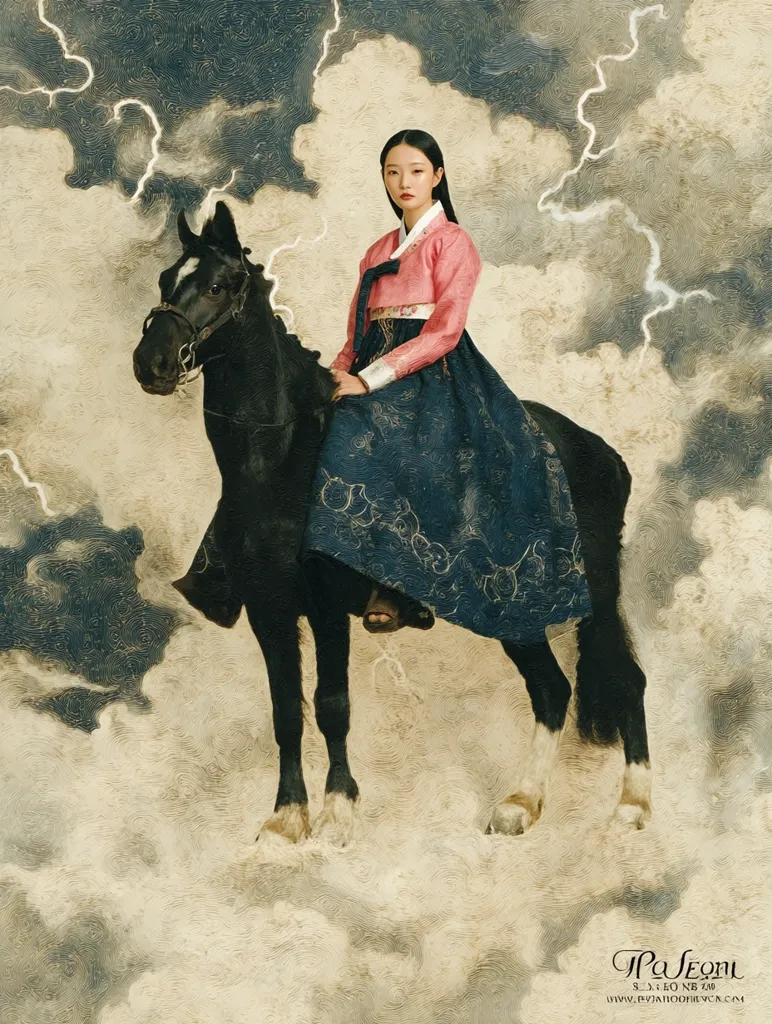 A young woman, elegantly dressed in a traditional Korean hanbok (a pink jeogori and a dark blue chima), sits astride a black horse. The backdrop is a dramatic, painterly sky filled with swirling clouds and streaks of lightning. The overall style evokes a sense of ethereal beauty and power, blending traditional Korean attire with a fantastical setting.  The image has a painterly, almost impressionistic quality.