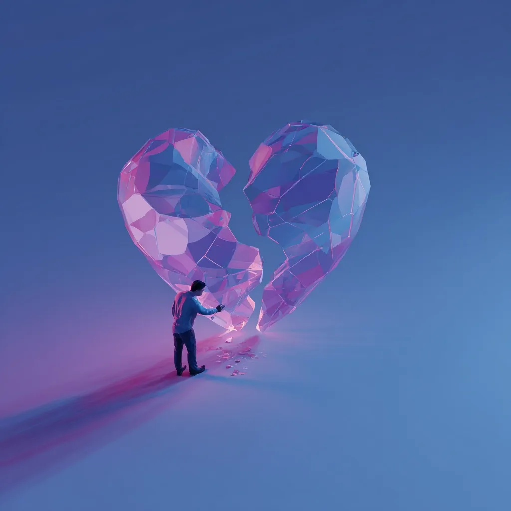 A solitary figure stands before a large, fractured, crystalline heart.  The heart, rendered in shades of purple and blue, is broken into two distinct pieces. The person appears small in comparison, their posture suggesting contemplation or sorrow. The scene is minimalist, set against a plain blue background, emphasizing the emotional weight of the broken heart.  The overall mood is one of heartbreak and loneliness.
