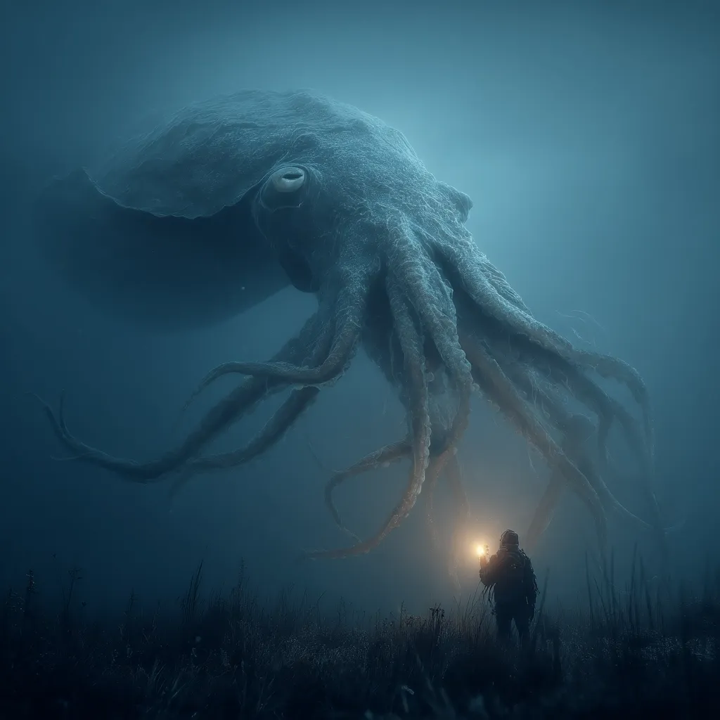 A colossal, shadowy squid looms in the murky depths, its massive tentacles obscuring much of the scene.  A lone figure, silhouetted against the faint light of a flashlight, stands dwarfed in the foreground. The scene evokes a sense of awe and impending danger, capturing the vastness and mystery of the deep ocean. The overall atmosphere is dark, ominous, and deeply atmospheric.