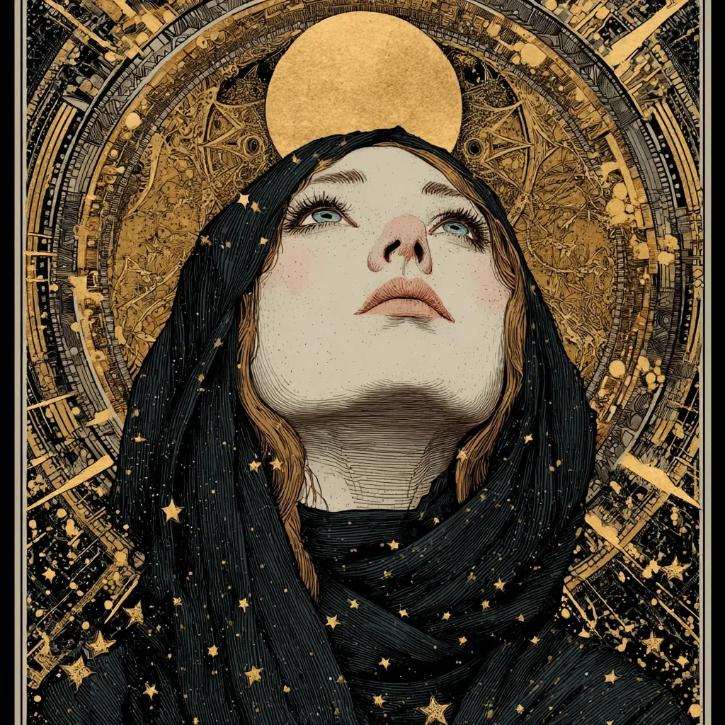 A detailed, stylized illustration depicts a woman enveloped in a dark, star-studded veil, her gaze directed upward towards a large, golden sun or moon.  The intricate background features a circular, golden geometric design, suggesting celestial or cosmic themes. The woman's expression is serene and contemplative, creating a mystical and ethereal atmosphere. The artwork's style blends realism with fantasy elements, using rich, contrasting tones of gold and black.