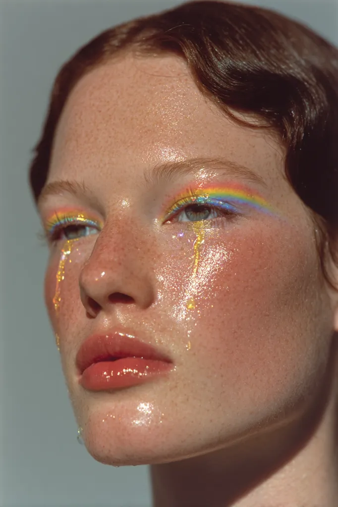 Close-up of a woman's face with a vibrant makeup look.  A rainbow eyeshadow is accentuated with gold glitter streaks creating a "tears" effect. Her skin is radiant and features freckles.  The overall aesthetic is bright, glossy, and ethereal.  Her dark hair is styled in a classic wave.