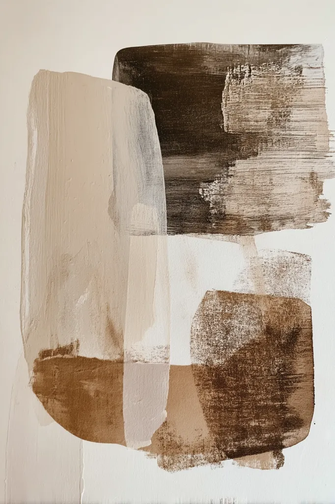 An abstract painting features a composition of textured blocks in muted earth tones.  Creamy beige and light brown hues are layered with darker browns and grays, creating a sense of depth and movement.  The brushstrokes are visible, adding to the artwork's raw and expressive quality. The overall effect is calming and minimalist.