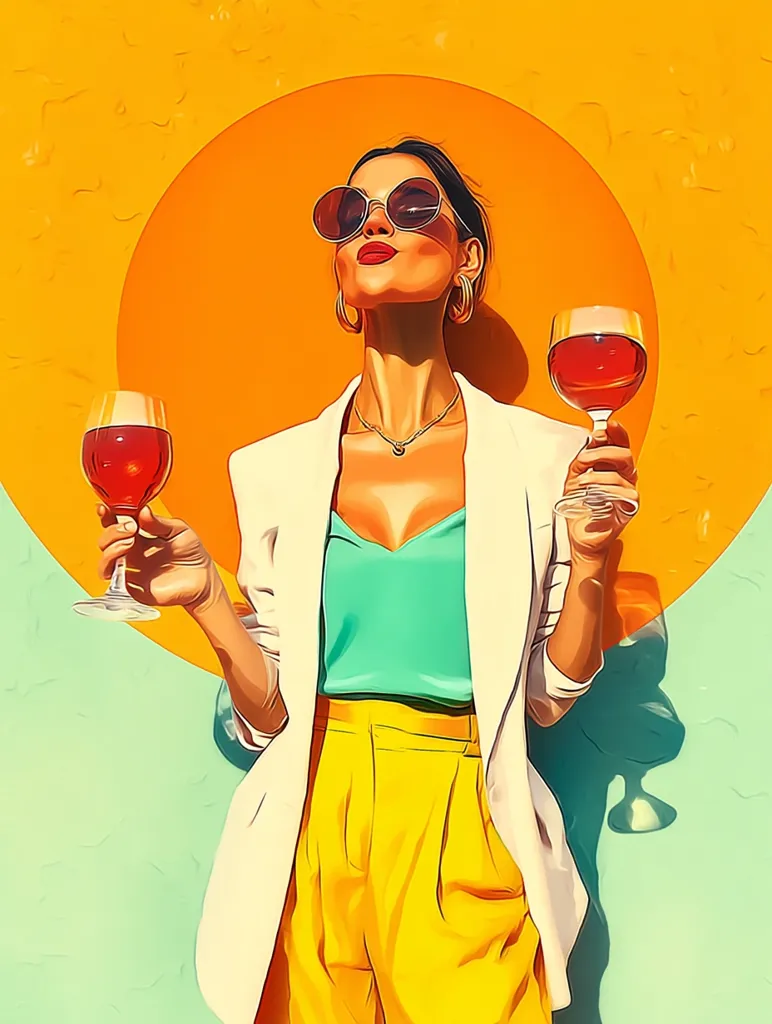 A stylish woman in a white blazer and yellow pants stands against a vibrant orange and mint green background. She's wearing sunglasses and holds a wine glass in each hand, exuding confidence and summery sophistication. The image is stylized with a pop art aesthetic, featuring bold colors and sharp lines.  The overall feel is one of chic relaxation and enjoyment.