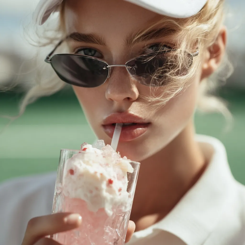 A close-up shot of a blonde woman wearing a white visor and sunglasses. She's enjoying a pink frozen drink with a straw,  her expression is serene. The background is blurred, suggesting an outdoor setting, possibly a tennis court.  The overall mood is summery and stylish.
