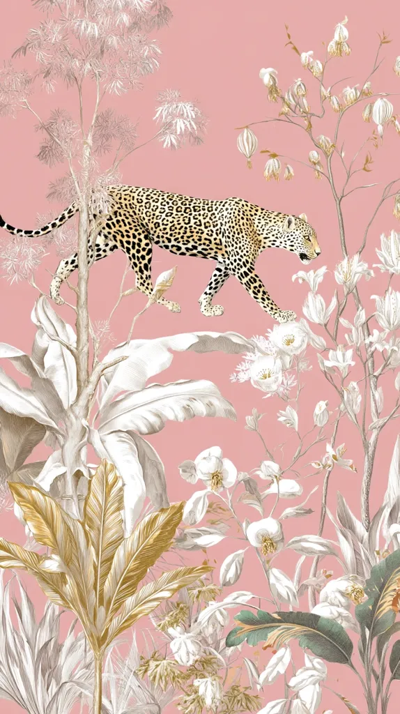 A leopard strides through a lush, tropical landscape depicted in a soft pink palette.  The illustration features detailed botanical elements including large, stylized leaves in shades of white and gold, delicate white blossoms, and slender branches. The leopard, rendered in realistic detail, contrasts elegantly with the stylized flora, creating a sophisticated and exotic scene.