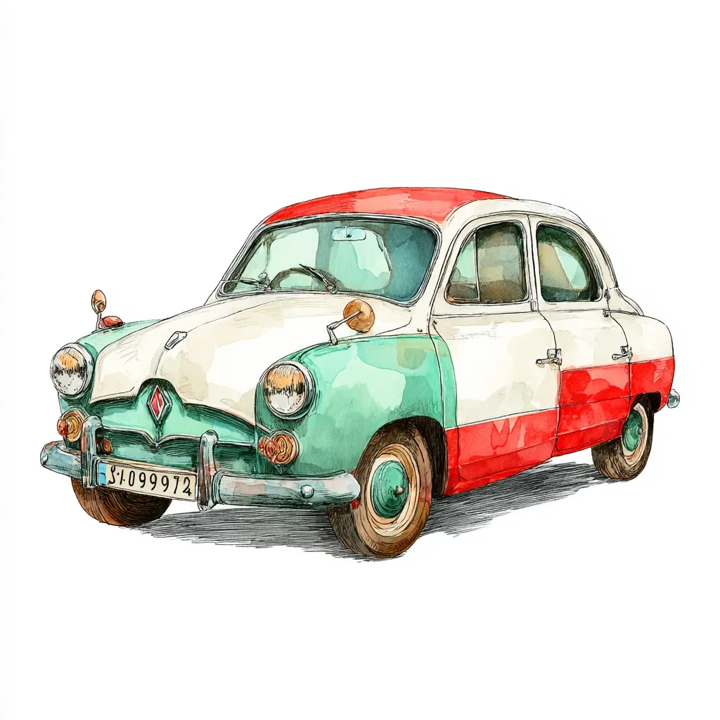 A watercolor and ink illustration of a vintage car. The car is predominantly off-white, with teal and red accents.  It's a four-door sedan with rounded edges, classic headlights, and a license plate visible. The style is reminiscent of mid-20th-century automobiles, with a slightly whimsical and artistic rendering. The car appears well-maintained and is depicted against a clean white background.