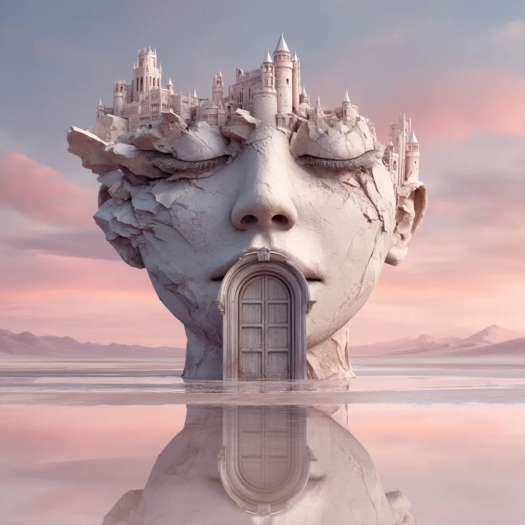 A surreal landscape features a colossal stone head, its face weathered and serene.  Atop the head sits a miniature, crumbling castle, suggesting a mind filled with dreams or memories.  A weathered wooden door rests where the mouth should be, acting as a gateway. The scene is reflected in calm, pink-hued water, enhancing the dreamlike, ethereal atmosphere.