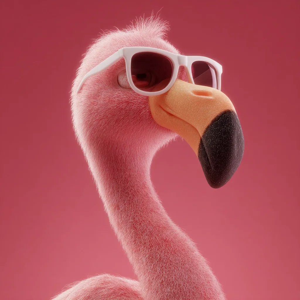 A close-up shot reveals a stylized flamingo, rendered in 3D with a fluffy, pink texture.  The flamingo sports a pair of white sunglasses, adding a playful and fashionable touch. Its expression is subtly amused, creating a charming and whimsical image. The background is a solid, matching pink, keeping the focus firmly on the flamingo.