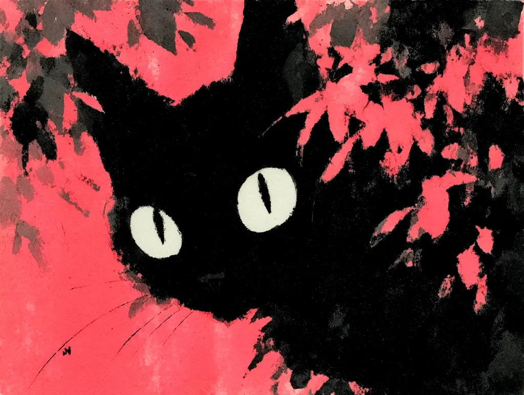 A stylized painting depicts a black cat peering from behind vibrant, coral-colored foliage.  The cat's large, expressive eyes are prominent against its dark fur.  The background is a wash of bold pink and black, creating a dramatic contrast. The artist's use of loose brushstrokes gives the piece a textural, almost impressionistic feel.  The overall mood is mysterious and slightly whimsical.