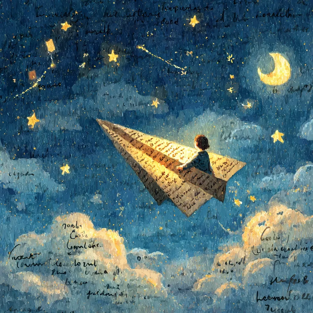 A child sits on a large paper airplane soaring through a starlit night sky.  The plane is made of old, handwritten paper, and the clouds below are also filled with faded script.  A crescent moon hangs in the distance, adding to the dreamy, whimsical atmosphere.  The scene evokes a sense of wonder and adventure, a journey into a fantastical world.
