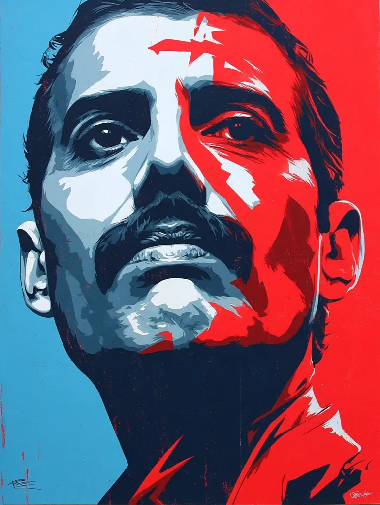 A stylized portrait of Freddie Mercury, the lead singer of Queen.  The artwork uses bold, contrasting colors of red and blue, bisecting his face.  His features are sharply defined, highlighting his iconic mustache and intense gaze. The style is reminiscent of pop art or screen printing, with a strong graphic quality. The overall effect is powerful and memorable.